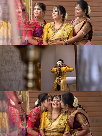 A collage of candid moments showing the bride with her family, capturing laughter, kisses, and the joy of getting ready together.