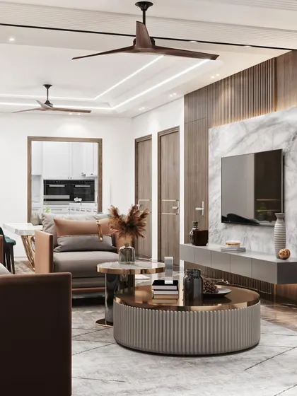 A living room visualization that plays with textures, from the fluted coffee table to the ribbed wood paneling on the TV wall.