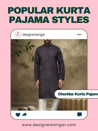 The Churidar kurta pajama is a timeless style. This example shows a dark, printed kurta paired with a white churidar, a versatile look for any celebration.