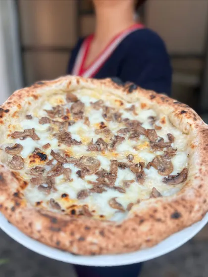 Pizza Bianca, our white pizza with mushrooms. Have you tried it yet?
