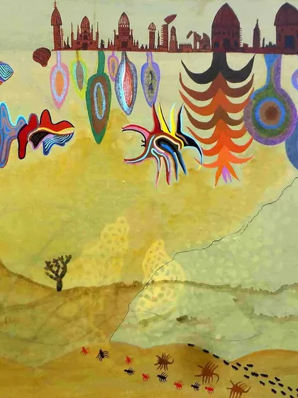 This work by emerging artist Amit Harit from Rajasthan explores a surreal landscape. The world is reflected and inverted, populated by fantastical creatures, suggesting a reality that exists just below the surface of our own.
