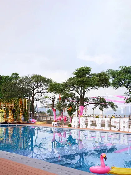 We specialize in creating stunning poolside setups for any celebration. This event features a custom floating hashtag sign, pink flamingo floats, and elegant decor, turning the pool into a chic party centerpiece.