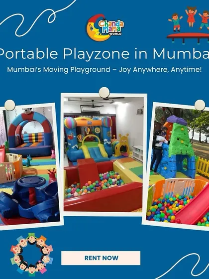 Mumbai's moving playground, bringing joy anywhere, anytime. This collage features three different setups, all centered around bouncy castles and ball pits, which are always a huge hit at parties.