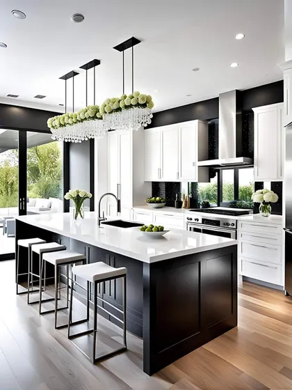 A beautiful transitional kitchen that blends classic and modern styles. It features white shaker cabinets, a dark island, and elegant crystal chandeliers for a touch of glamour.