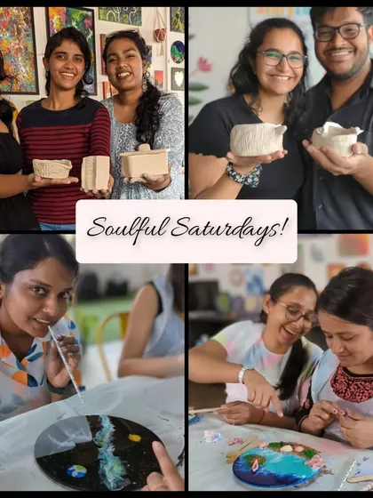 A "Soulful Saturday" collage featuring participants enjoying pottery and resin art, creating beautiful pieces and lasting memories.