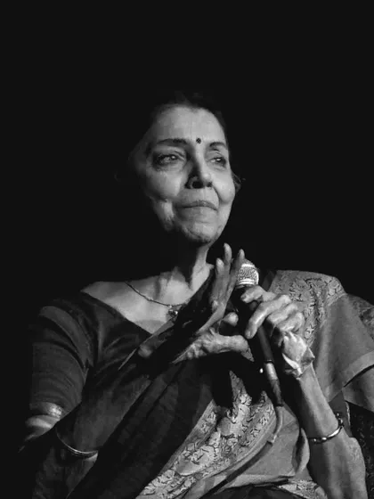A contemplative moment with Guru Smt. Sucheta Chapekar. These black and white photos capture the timeless wisdom and grace she shared with us at The Punyah Theatre.