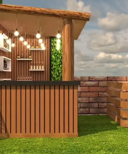 A 3D design for a compact yet stylish outdoor bar. The bar is set against a brick wall and features a wooden structure, vertical gardens, and string lights.
