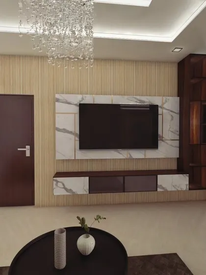 Another angle of the living room concept, focusing on the TV unit and the interplay between the vertical fluted panels and the dark wood shelving.