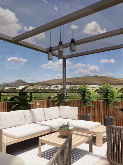 A 3D render of a spacious outdoor lounge on a wooden deck. The design features a large L-shaped sofa and armchairs under a modern pergola, complete with an outdoor grill, making it the ultimate space for hosting guests.