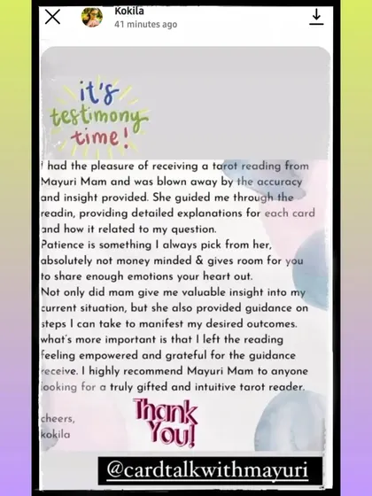 This client was blown away by the accuracy and insight from their reading. I always aim to provide detailed explanations for each card and give you the space to share what's on your mind, so you leave feeling empowered.