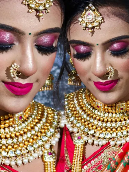 A close-up of a dramatic pink glittery eye makeup look, perfect for a glamorous bride.