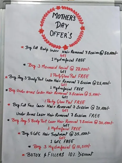 An example of the special offers available at my clinic, such as these for Mother's Day. I provide packages for services like laser hair removal, Hydrafacials, and Botox.