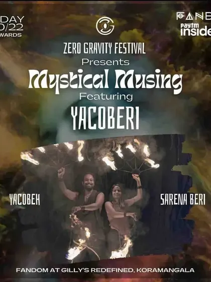 A poster featuring Yacobeh and me for the Zero Gravity Festival. Our duo fire act was a perfect fit for the "Mystical Musing" theme.