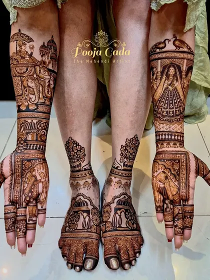A complete bridal set for an NRI bride from Ireland, featuring a grand baraat scene with the groom on an elephant and the bride in a beautiful portrait.