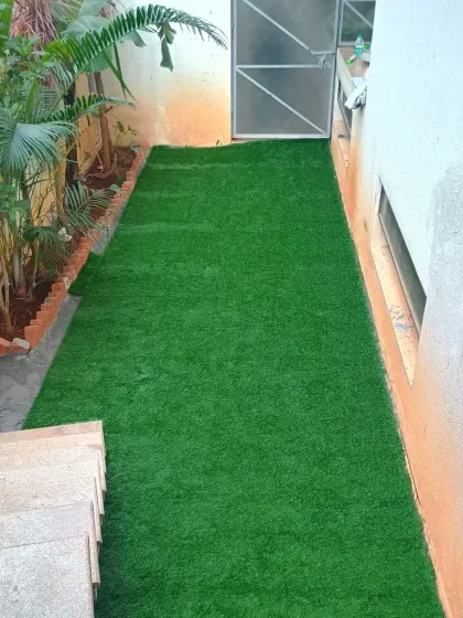 This is the final result of a narrow garden path installation. The area is now clean, green, and easy to walk on, regardless of the weather.