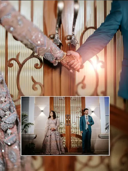 A creative collage focusing on the couple holding hands, symbolizing their union, paired with a full shot of them in their elegant engagement attire.