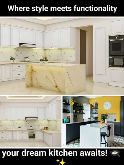 This collage showcases a variety of my kitchen designs, from a classic white kitchen with a marble island to a modern two-tone layout. It demonstrates my ability to work with different styles and color palettes.