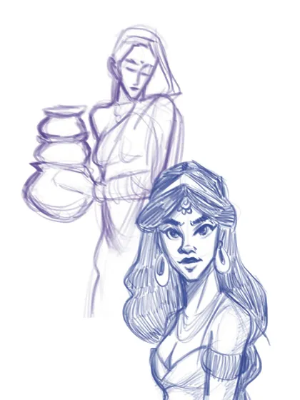 A couple of character concepts from a daily sketching session. One is a traditional woman carrying pots, the other a more stylized, fantasy-inspired character.