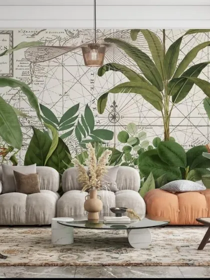 I love blending themes, like this vintage world map overlaid with lush tropical botanicals. This design is perfect for an office or study, inspiring both adventure and a connection to nature.