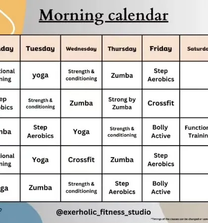 Here is our morning class calendar. We offer a wide variety of classes from 7 AM onwards, including Functional Training, Yoga, Zumba, and Step Aerobics to fit your schedule.