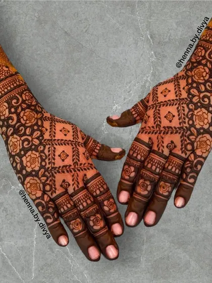 A full and intricate back-hand design featuring a beautiful floral grid pattern. The density of the pattern gives it a rich, fabric-like appearance, perfect for a grand occasion.