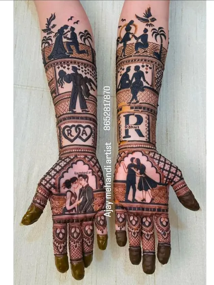 Your love story, illustrated. This custom design features multiple scenes from the couple's journey, from the proposal to dancing together, along with their initials for a truly personal touch.