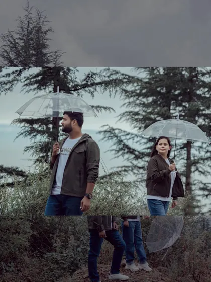 Here, we demonstrate how to use the muted colors and soft light of a cloudy day to your advantage. The focus is entirely on the couple's expressions and connection, with the evergreen trees providing a simple, textured background.
