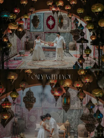 "Only with you." A dual-frame image capturing both a wide view of the lantern-filled room and an intimate close-up of the couple.