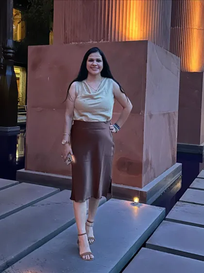 A chic evening look. I've paired a satin cowl neck top with a brown satin skirt. This monochromatic look in earthy tones is very elegant and perfect for a dinner or a party.