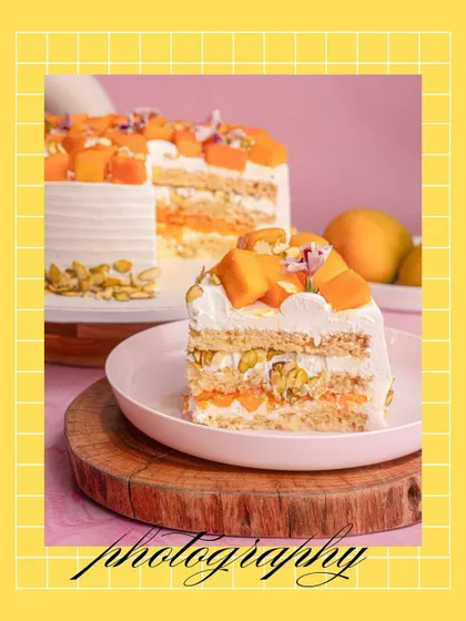 A stunning slice of mango cake, perfectly styled and photographed. We focus on layers, textures, and fresh toppings to make every dessert look irresistible.