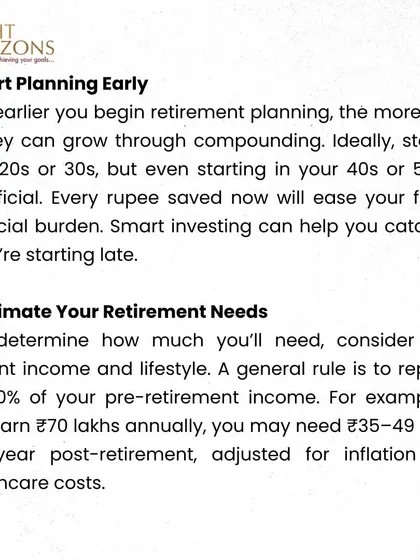 This slide from our bulletin details the first two steps of retirement planning. We explain the importance of starting early to leverage compounding and estimating future retirement needs based on current lifestyle.