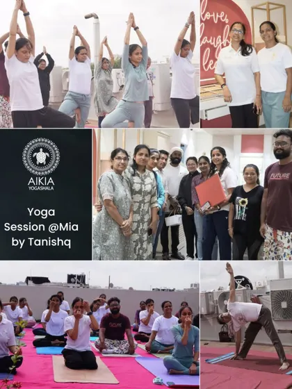 Our branded collage from the Yoga Day session at Mia by Tanishq, showcasing the blend of wellness and community that we strive to foster in all our events.