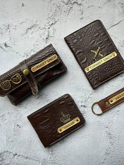 Here is the croc series combo in a rich dark brown. This image shows how you can mix and match personalization for different items within the same set for a unique touch.
