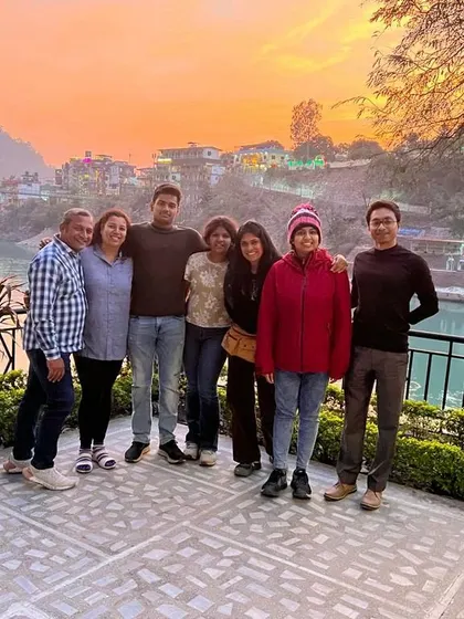 A beautiful sunset over the Ganga river in Rishikesh, with our retreat group soaking in the serene atmosphere.