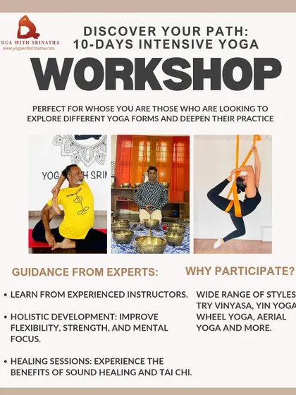 Discover your path with our 10-day intensive yoga workshop. Explore Vinyasa, Yin, Aerial, and more with experienced instructors.