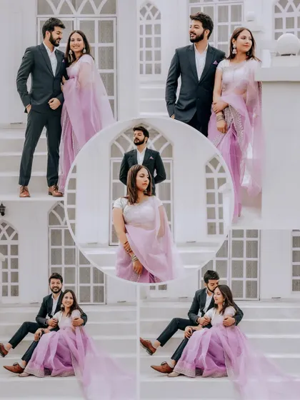 This collage shows a couple posing on the steps of our modern white building. The architecture provides a clean, symmetrical, and elegant backdrop for a classic pre-wedding photoshoot.