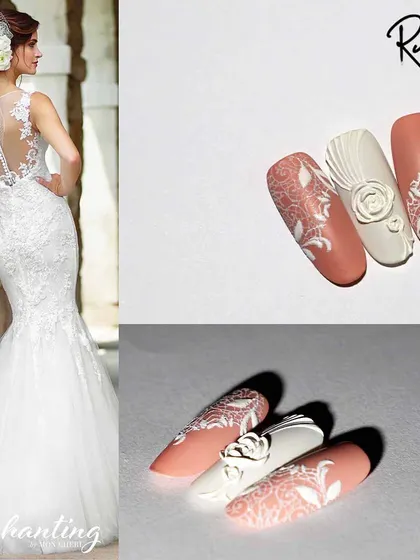 The final nail art design next to its inspiration, a beautiful lace wedding dress. I used 3D gel to capture the delicate, textured feel of the lace.
