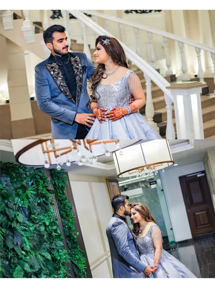 A collage of the couple's romantic moments, from a formal pose on the stairs to an intimate forehead kiss, telling the story of their engagement night.