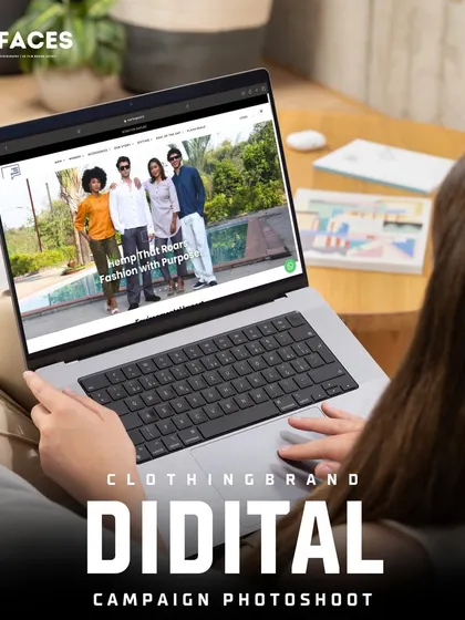 A person browsing a fashion website on a laptop, showing a group of models in a lifestyle setting. Our campaign images are designed to be versatile for use across homepages, social media, and ad banners.