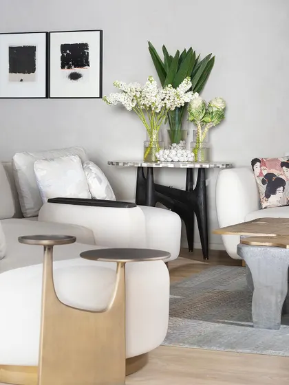 A detail shot showing the beautiful craftsmanship of our Koko furniture. The 'Curved Couch' with its plush velvet, the solid cast brass 'Twin Table', and the artistic 'Plateau Coffee Table' made from recycled cardboard all highlight our commitment to innovative design.