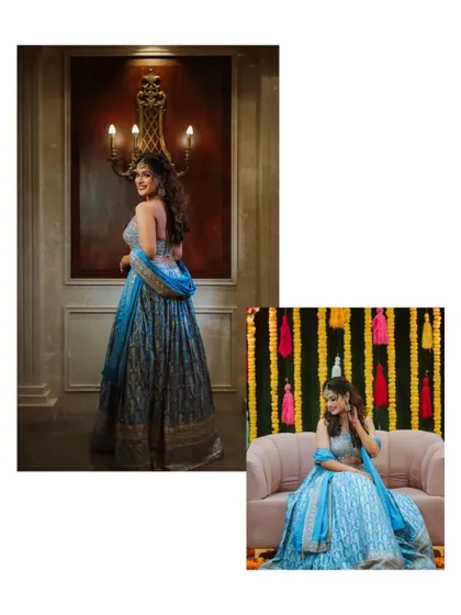 Portraits of the bride in her beautiful blue lehenga, ready for her Sangeet or engagement party.