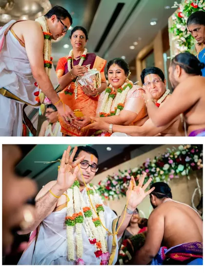A collage capturing the fun and interactive rituals of a Tamil wedding, with the groom showing his playful side.