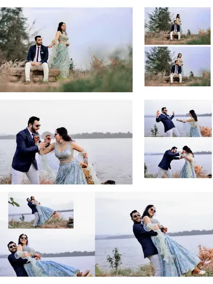 A fun and playful collage from a pre-wedding shoot, showing the couple's energetic and lighthearted moments together.