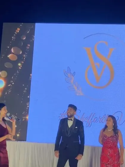 Hosting a segment with the couple on stage during their reception. These interactive moments are always a highlight.