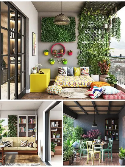 This set of images focuses on creating functional and livable outdoor rooms. It showcases a colorful floor seating arrangement, a balcony with a bookshelf, and an outdoor dining setup, proving balconies can be versatile extensions of your home.