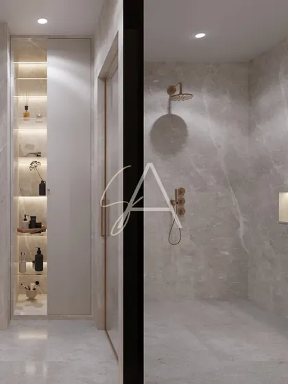 This angle shows the separation between the wet and dry areas of the bathroom. The glass partition for the shower area is minimalist and ensures the space feels large and open.