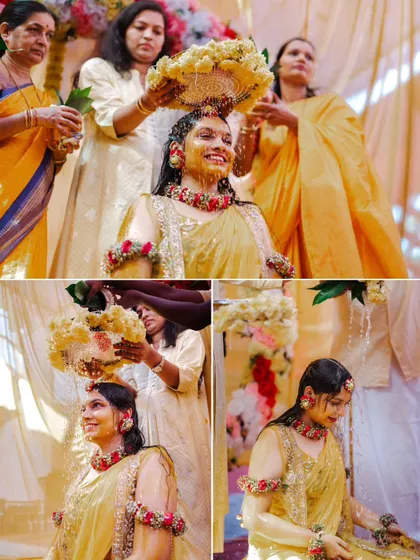 A duplicate of image 336, a collage showing the bride being showered with blessings and flowers.