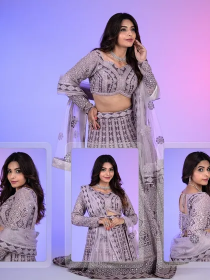 A collage of the lilac lehenga, showing it from every beautiful angle. This is perfect for seeing all the details before you decide to rent.