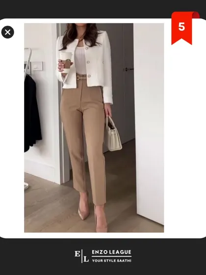 A cropped white jacket paired with neutral-toned trousers is a fresh take on business casual. This combination is perfect for transitioning from a day at the office to an after-work dinner.
