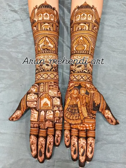 A unique design where one hand tells a story with a couple portrait, while the other features a grid of various wedding symbols.